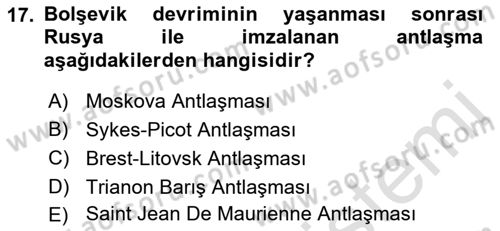 Milli Mücadele Tarihi Dersi 2022 - 2023 Yılı Yaz Okulu Sınavı 17. Soru