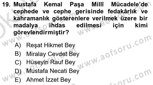 Milli Mücadele Tarihi Dersi 2022 - 2023 Yılı Yaz Okulu Sınavı 19. Soru