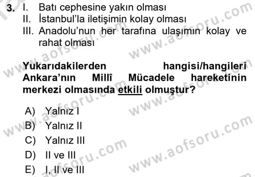 Milli Mücadele Tarihi Dersi 2022 - 2023 Yılı Yaz Okulu Sınavı 3. Soru