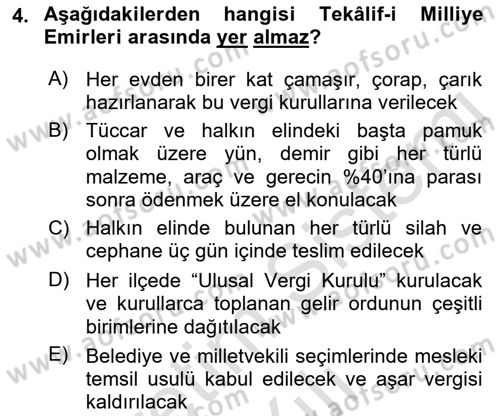 Milli Mücadele Tarihi Dersi 2022 - 2023 Yılı Yaz Okulu Sınavı 4. Soru