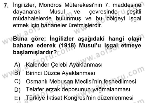 Milli Mücadele Tarihi Dersi 2022 - 2023 Yılı Yaz Okulu Sınavı 7. Soru