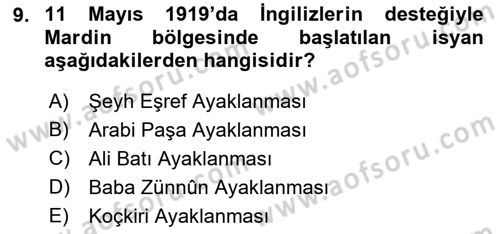 Milli Mücadele Tarihi Dersi 2022 - 2023 Yılı Yaz Okulu Sınavı 9. Soru