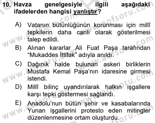 Milli Mücadele Tarihi Dersi 2023 - 2024 Yılı (Vize) Ara Sınav Soruları 10. Soru