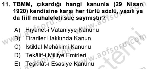 Milli Mücadele Tarihi Dersi 2023 - 2024 Yılı (Vize) Ara Sınav Soruları 11. Soru