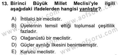 Milli Mücadele Tarihi Dersi 2023 - 2024 Yılı (Vize) Ara Sınav Soruları 13. Soru