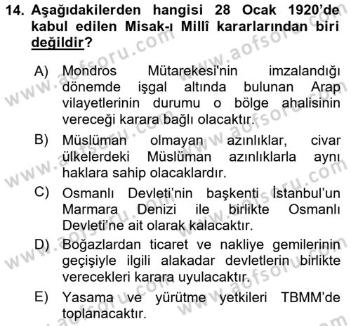 Milli Mücadele Tarihi Dersi 2023 - 2024 Yılı (Vize) Ara Sınav Soruları 14. Soru
