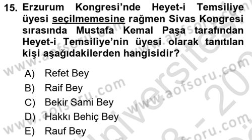 Milli Mücadele Tarihi Dersi 2023 - 2024 Yılı (Vize) Ara Sınav Soruları 15. Soru