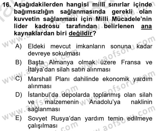 Milli Mücadele Tarihi Dersi 2023 - 2024 Yılı (Vize) Ara Sınav Soruları 16. Soru