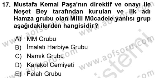 Milli Mücadele Tarihi Dersi 2023 - 2024 Yılı (Vize) Ara Sınav Soruları 17. Soru