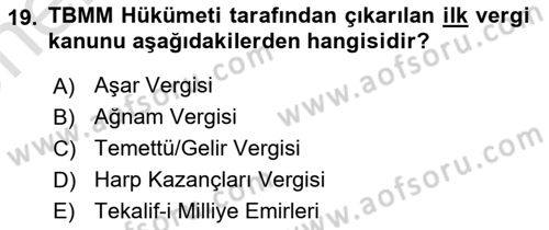 Milli Mücadele Tarihi Dersi 2023 - 2024 Yılı (Vize) Ara Sınav Soruları 19. Soru