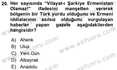 Milli Mücadele Tarihi Dersi 2023 - 2024 Yılı (Vize) Ara Sınav Soruları 20. Soru
