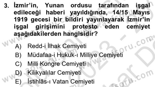 Milli Mücadele Tarihi Dersi 2023 - 2024 Yılı (Vize) Ara Sınav Soruları 3. Soru