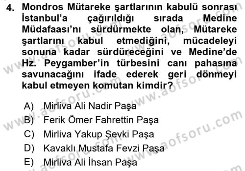 Milli Mücadele Tarihi Dersi 2023 - 2024 Yılı (Vize) Ara Sınav Soruları 4. Soru