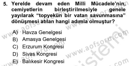 Milli Mücadele Tarihi Dersi 2023 - 2024 Yılı (Vize) Ara Sınav Soruları 5. Soru