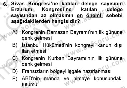 Milli Mücadele Tarihi Dersi 2023 - 2024 Yılı (Vize) Ara Sınav Soruları 6. Soru