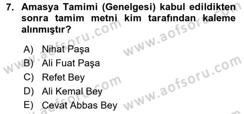 Milli Mücadele Tarihi Dersi 2023 - 2024 Yılı (Vize) Ara Sınav Soruları 7. Soru