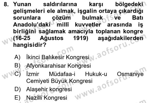 Milli Mücadele Tarihi Dersi 2023 - 2024 Yılı (Vize) Ara Sınav Soruları 8. Soru