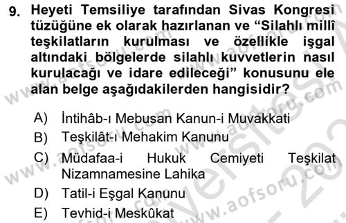 Milli Mücadele Tarihi Dersi 2023 - 2024 Yılı (Vize) Ara Sınav Soruları 9. Soru