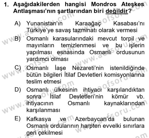 Milli Mücadele Tarihi Dersi 2023 - 2024 Yılı (Final) Dönem Sonu Sınav Soruları 1. Soru