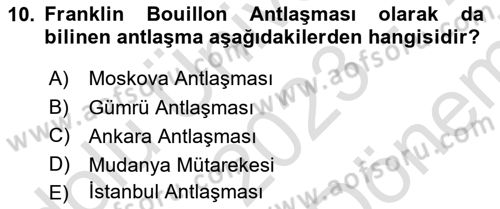 Milli Mücadele Tarihi Dersi 2023 - 2024 Yılı (Final) Dönem Sonu Sınav Soruları 10. Soru