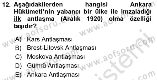 Milli Mücadele Tarihi Dersi 2023 - 2024 Yılı (Final) Dönem Sonu Sınav Soruları 12. Soru