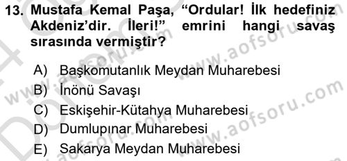 Milli Mücadele Tarihi Dersi 2023 - 2024 Yılı (Final) Dönem Sonu Sınav Soruları 13. Soru
