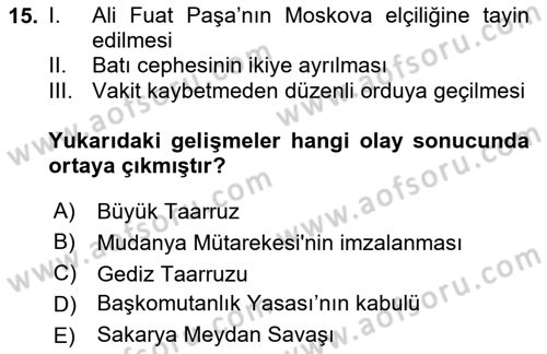 Milli Mücadele Tarihi Dersi 2023 - 2024 Yılı (Final) Dönem Sonu Sınav Soruları 15. Soru
