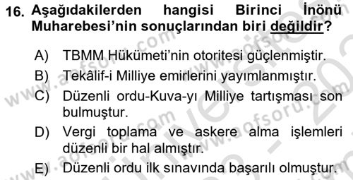 Milli Mücadele Tarihi Dersi 2023 - 2024 Yılı (Final) Dönem Sonu Sınav Soruları 16. Soru