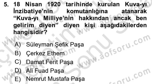 Milli Mücadele Tarihi Dersi 2023 - 2024 Yılı (Final) Dönem Sonu Sınav Soruları 5. Soru