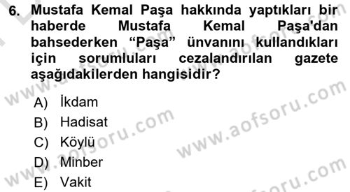Milli Mücadele Tarihi Dersi 2023 - 2024 Yılı (Final) Dönem Sonu Sınav Soruları 6. Soru