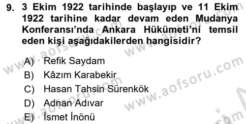 Milli Mücadele Tarihi Dersi 2023 - 2024 Yılı (Final) Dönem Sonu Sınav Soruları 9. Soru