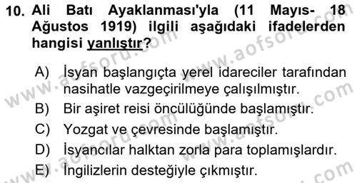 Milli Mücadele Tarihi Dersi 2023 - 2024 Yılı Yaz Okulu Sınav Soruları 10. Soru