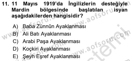 Milli Mücadele Tarihi Dersi 2023 - 2024 Yılı Yaz Okulu Sınav Soruları 11. Soru