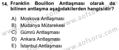 Milli Mücadele Tarihi Dersi 2023 - 2024 Yılı Yaz Okulu Sınav Soruları 14. Soru