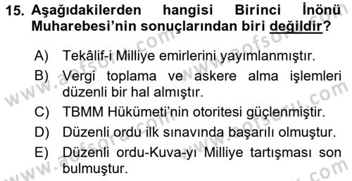 Milli Mücadele Tarihi Dersi 2023 - 2024 Yılı Yaz Okulu Sınav Soruları 15. Soru