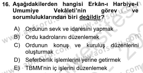 Milli Mücadele Tarihi Dersi 2023 - 2024 Yılı Yaz Okulu Sınav Soruları 16. Soru