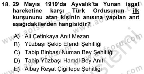 Milli Mücadele Tarihi Dersi 2023 - 2024 Yılı Yaz Okulu Sınav Soruları 18. Soru