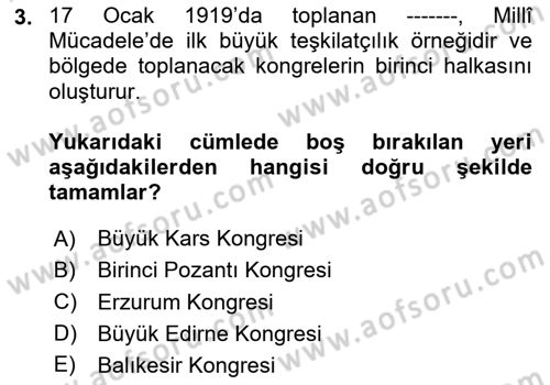 Milli Mücadele Tarihi Dersi 2023 - 2024 Yılı Yaz Okulu Sınav Soruları 3. Soru