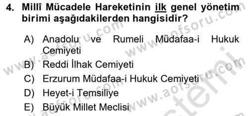 Milli Mücadele Tarihi Dersi 2023 - 2024 Yılı Yaz Okulu Sınav Soruları 4. Soru