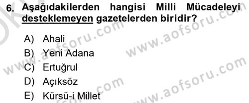 Milli Mücadele Tarihi Dersi 2023 - 2024 Yılı Yaz Okulu Sınav Soruları 6. Soru