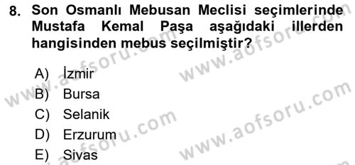 Milli Mücadele Tarihi Dersi 2023 - 2024 Yılı Yaz Okulu Sınav Soruları 8. Soru