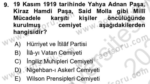 Milli Mücadele Tarihi Dersi 2023 - 2024 Yılı Yaz Okulu Sınav Soruları 9. Soru