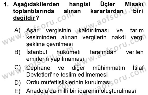 Milli Mücadele Tarihi Dersi 2024 - 2025 Yılı (Vize) Ara Sınav Soruları 1. Soru