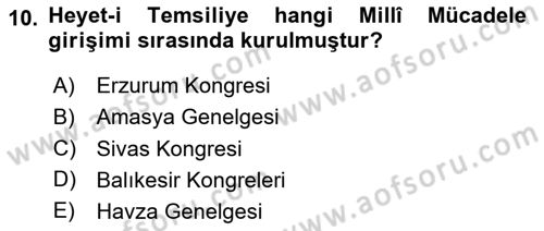Milli Mücadele Tarihi Dersi 2024 - 2025 Yılı (Vize) Ara Sınav Soruları 10. Soru
