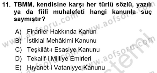 Milli Mücadele Tarihi Dersi 2024 - 2025 Yılı (Vize) Ara Sınav Soruları 11. Soru