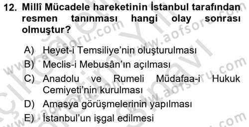 Milli Mücadele Tarihi Dersi 2024 - 2025 Yılı (Vize) Ara Sınav Soruları 12. Soru