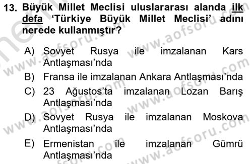 Milli Mücadele Tarihi Dersi 2024 - 2025 Yılı (Vize) Ara Sınav Soruları 13. Soru