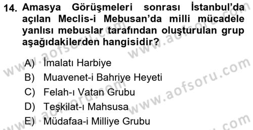 Milli Mücadele Tarihi Dersi 2024 - 2025 Yılı (Vize) Ara Sınav Soruları 14. Soru