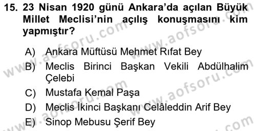 Milli Mücadele Tarihi Dersi 2024 - 2025 Yılı (Vize) Ara Sınav Soruları 15. Soru