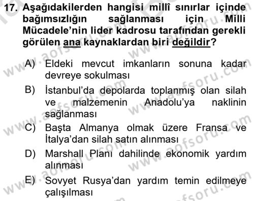 Milli Mücadele Tarihi Dersi 2024 - 2025 Yılı (Vize) Ara Sınav Soruları 17. Soru